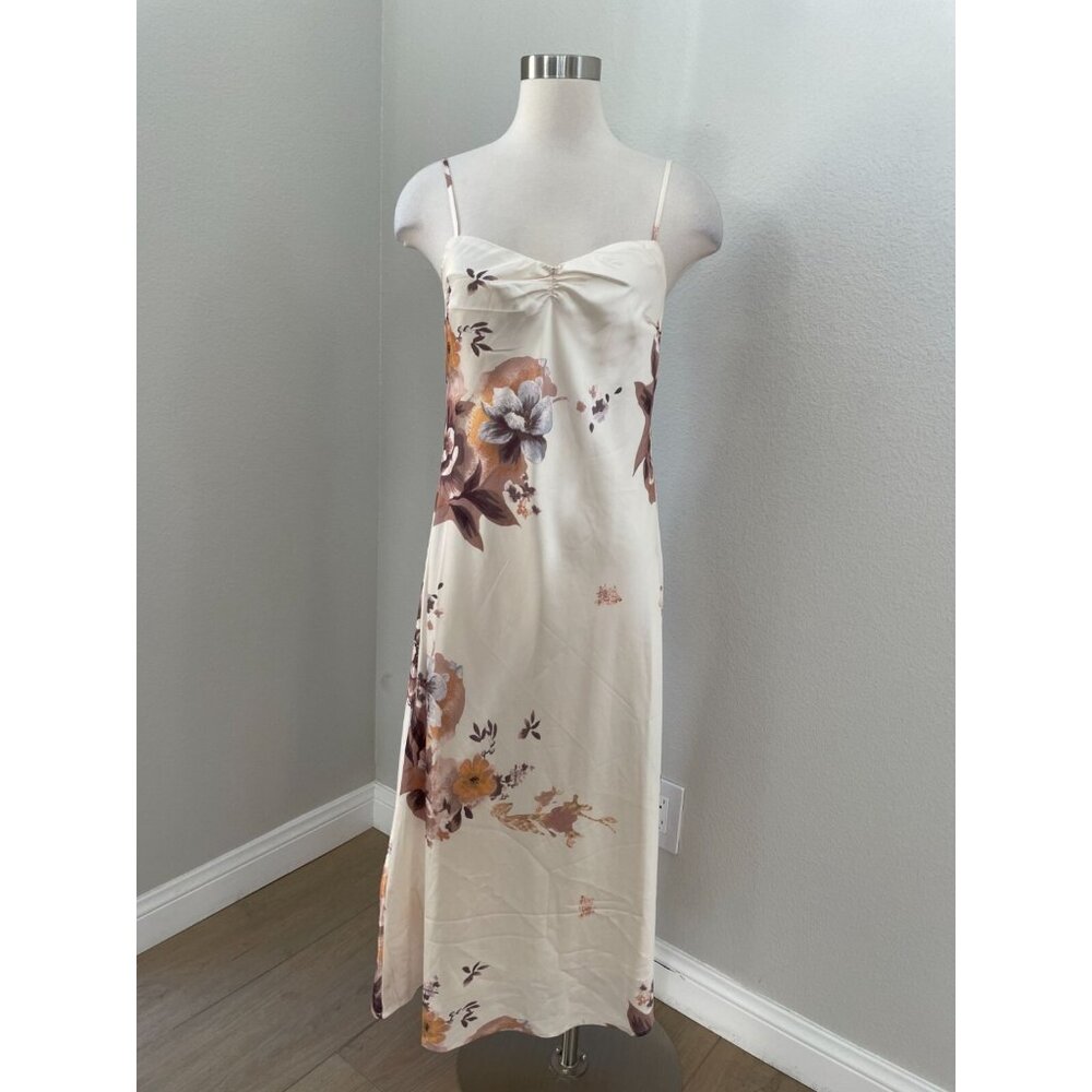 LULUS Womens Large Certified Stunning Beige Satin Floral Lace up Midi Dress